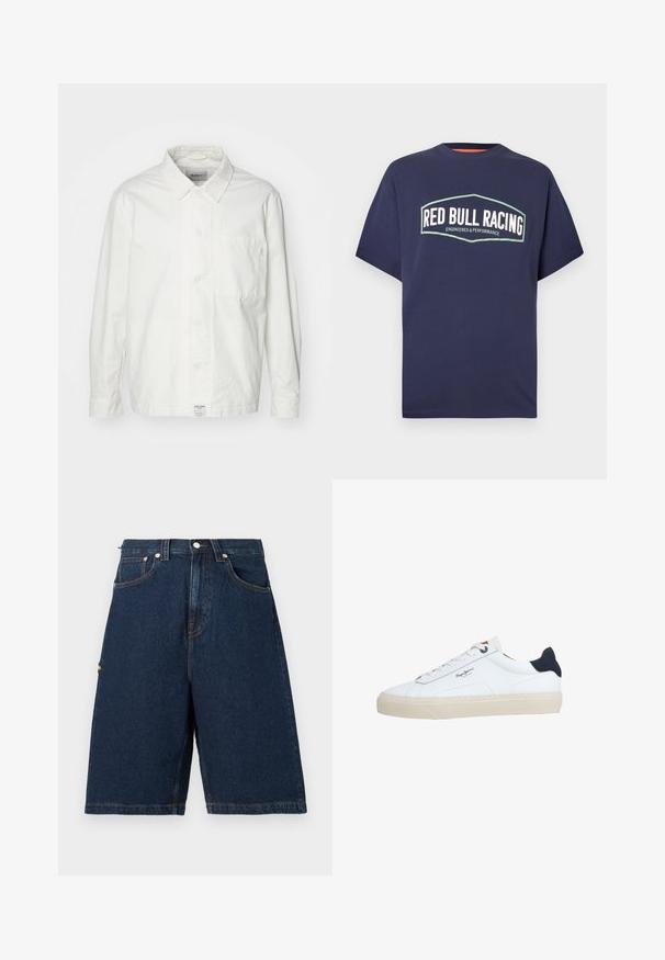Weiße Button-Down-Hemd aus Baumwolle, mit klassischem Kragen, langen Ärmeln und einer Brusttasche. Glatte Textur, schlichtes Design.; Navyblaues Baumwoll-T-Shirt mit weißem und grünem "RED BULL RACING"-Logo, kurzen Ärmeln und Rundhalsausschnitt.; Dunkelblaue Denim-Shorts mit lockerer Passform, ausgestattet mit zwei vorderen Taschen und einer einzelnen Gesäßtasche, abgerundet mit orangefarbenen Nähakzenten.; Weißer Sneaker in niedriger Schnittform mit beiger Sohle, weißen Schnürsenkeln, schwarzem Fersenlasche und dem "Pepe Jeans London"-Logo an der Seite.