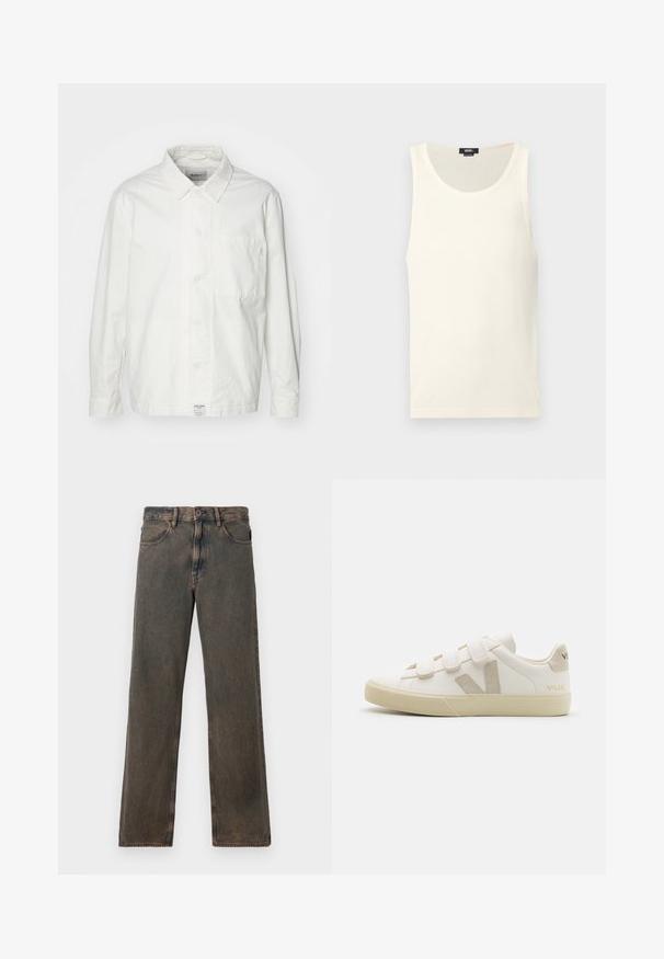 Witte overhem shirt van katoen, met een klassieke kraag, lange mouwen en een enkele borstzak. Glad oppervlak, eenvoudig ontwerp.; Witte katoenen tanktop met een geribbelde textuur, een ronde halslijn en zonder mouwen. Voorzien van een klein logolabel aan de onderkant links.; Bruine gewaste jeans met rechte pijpen, voorzakken, knoopsluiting en riemlussen, weergegeven tegen een witte achtergrond.; Witte leren sneakers met klittenbandsluitingen, beige accenten, ronde neus, gestructureerde rubberen zool en reliëflogo. Minimalistisch ontwerp.