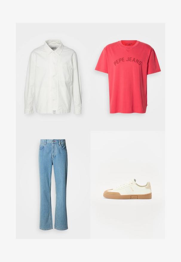 Chemise blanche à boutons en coton, dotée d'un col classique, de manches longues et d'une poche poitrine unique. Texture lisse, design simple.; T-shirt en coton corail à manches courtes et col rond. Présente l'inscription "PEPE JEANS" imprimée en lettres foncées sur la poitrine.; Jean en denim bleu clair évasé avec une taille haute, des rayures verticales et un design à cinq poches avec fermeture à bouton frontal.; Baskets blanches avec des accents en daim beige, bout rond, panneaux latéraux perforés, design à lacets, et une semelle en caoutchouc avec une étiquette de marque.