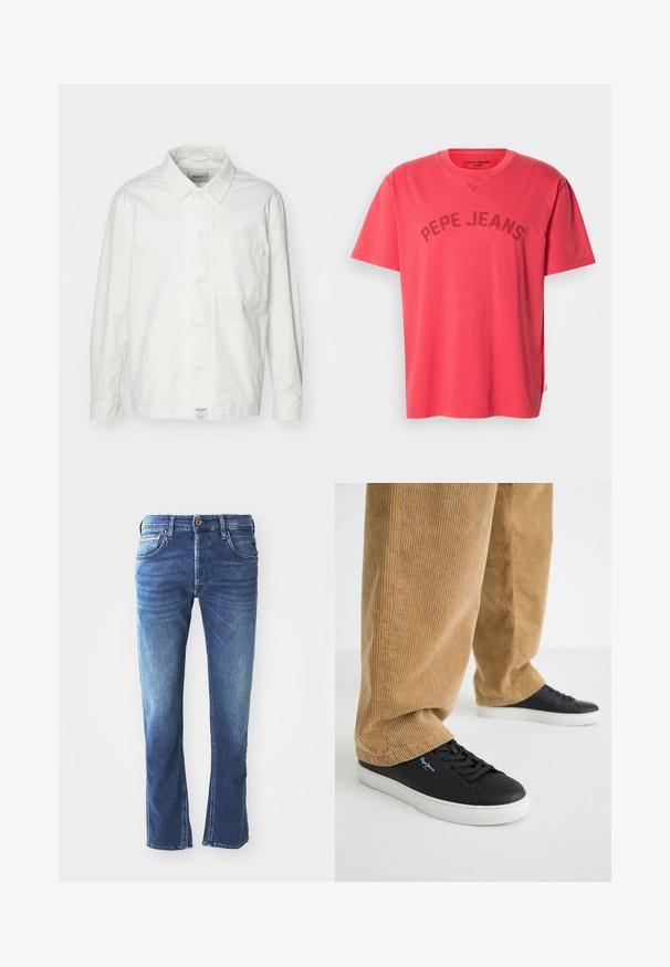 Hvid skjorte med knapper lavet af bomuld, med en klassisk krave, lange ærmer og en enkelt brystlomme. Glat tekstur, enkelt design.; Koralfarvet bomulds-T-shirt med korte ærmer og rund halsudskæring. Har "PEPE JEANS" trykt i mørke bogstaver hen over brystet.; Mørkeblå denim jeans med lige ben-design, der har fem lommer, en brun knaplukning og diskret lys udtoning ved lårene.; Sorte lædersneakers med hvide gummisåler. Båret med tanfarvede corduroybukser med vertikale ribber og en afslappet pasform.