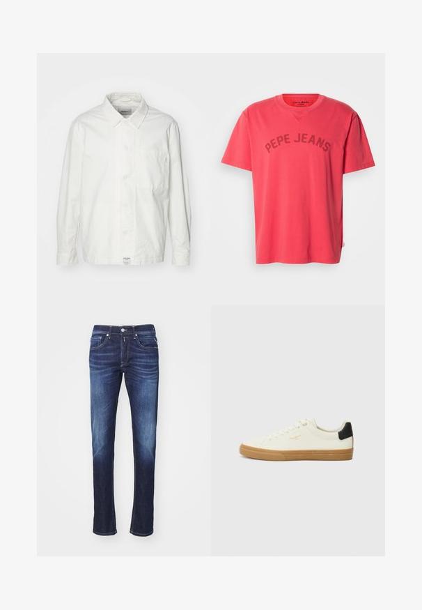 Witte overhem shirt van katoen, met een klassieke kraag, lange mouwen en een enkele borstzak. Glad oppervlak, eenvoudig ontwerp.; Koraalroze katoenen T-shirt met korte mouwen en een ronde hals. Voorzien van "PEPE JEANS" in donkere letters afgedrukt over de borst.; Donkerblauwe denim jeans met een rechte pijp, voorzien van vijf zakken, een knopenrits en subtiele vervaging langs de dijen.; Witte canvas sneaker met een gum rubberen zool, zwart accent op de hiel, ronde neus en vetersluiting. Bevat het merlogo in goud aan de zijkant.