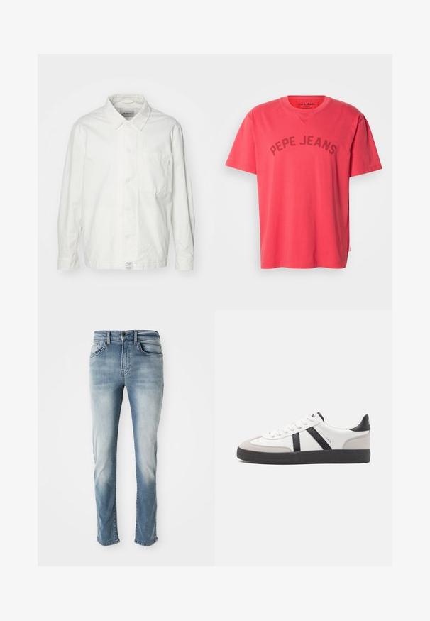 Chemise blanche à boutons en coton, dotée d'un col classique, de manches longues et d'une poche poitrine unique. Texture lisse, design simple.; T-shirt en coton corail à manches courtes et col rond. Présente l'inscription "PEPE JEANS" imprimée en lettres foncées sur la poitrine.; Jeans en denim bleu clair avec un design classique à cinq poches, une décoloration subtile et une coupe droite. Comprend une fermeture à bouton et des passants de ceinture.; Baskets blanches avec des accents noirs et gris, présentant un embout texturé gris, une semelle en caoutchouc noir et des lacets plats blancs. Design épuré, style minimaliste.