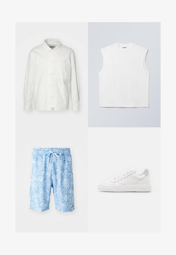Witte overhem shirt van katoen, met een klassieke kraag, lange mouwen en een enkele borstzak. Glad oppervlak, eenvoudig ontwerp.; Wit mouwloos katoenen top met ronde hals en gestructureerde schouders, met het merk "WEEKDAY" op het label in de kraag, afgebeeld op een lichtgrijze achtergrond.; Lichtblauwe zwembroek met een wit abstract patroon, elastische tailleband en trekkoord. Logo aan de voorkant links en zijsplitten aan de zoom.; Witte leren sneakers met een gladde afwerking, ronde neus, platte veters en een gestructureerde zool. Grijze suède accent bij de hiel.