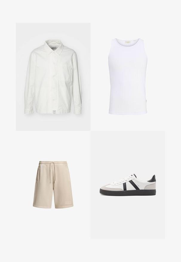 Camisa blanca de botones hecha de algodón, con cuello clásico, mangas largas y un bolsillo en el pecho. Textura suave, diseño sencillo.; Camiseta sin mangas blanca de tejido acanalado con cuello redondo y una pequeña etiqueta de marca en el interior del cuello.; Pantalones cortos beige de tejido de algodón con una cinturilla elástica y cordón, que cuentan con dos bolsillos laterales y un pequeño parche con logo en el dobladillo.; Zapatilla blanca con acentos en negro y gris, que presenta una puntera texturizada en gris, suela de goma negra y cordones planos blancos. Diseño limpio, estilo minimalista.
