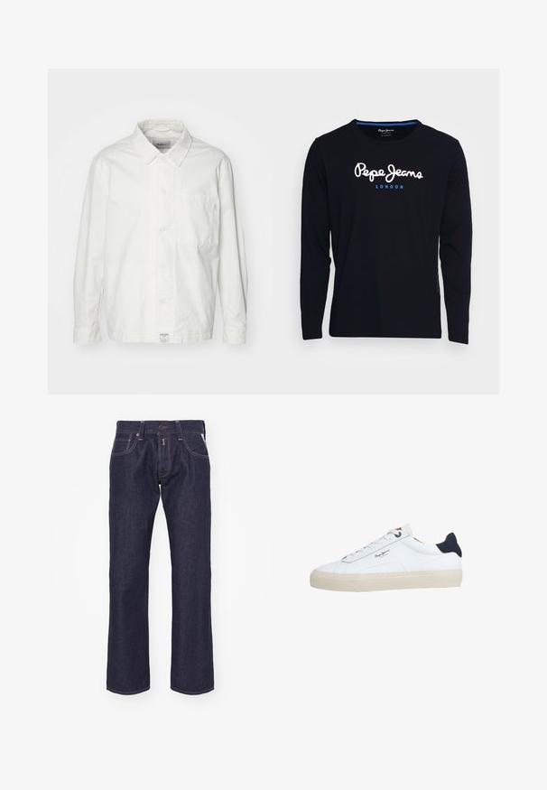 Hvid skjorte med knapper lavet af bomuld, med en klassisk krave, lange ærmer og en enkelt brystlomme. Glat tekstur, enkelt design.; Langærmet sort t-shirt lavet af bomuldsstof, med hvid og blå logo tekst "Pepe Jeans London" centreret på brystet.; Mørkeblå denim jeans med lige ben-design. Funktioner inkluderer en knaplukning, fem lommer og kontrastsyning.; Hvid lavtop-sneaker med beige sål, hvide snørebånd, sort hælkappe og "Pepe Jeans London"-logo på siden.
