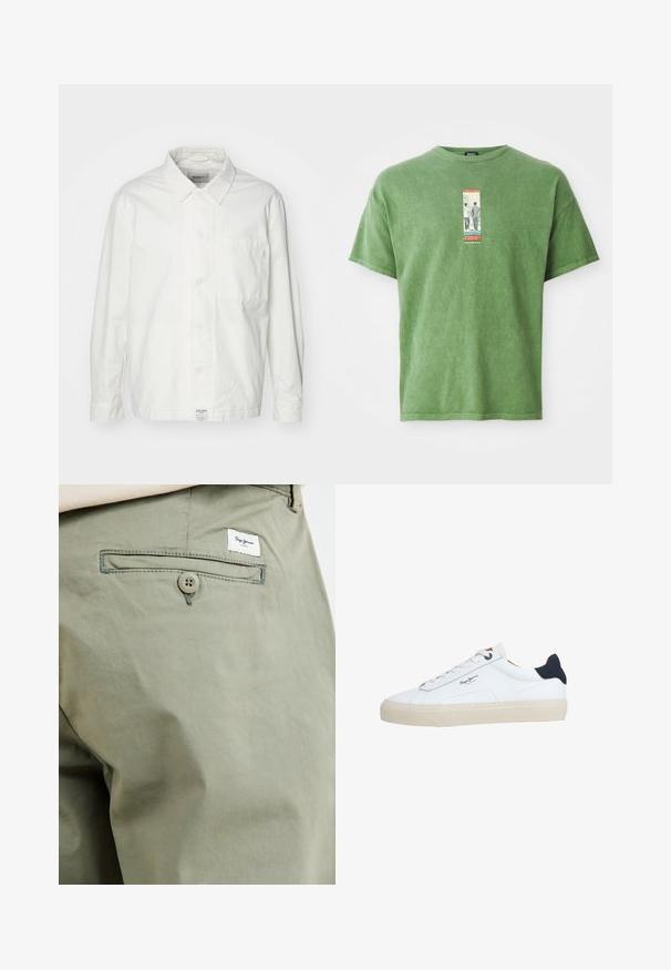 Witte overhem shirt van katoen, met een klassieke kraag, lange mouwen en een enkele borstzak. Glad oppervlak, eenvoudig ontwerp.; Groene katoenen t-shirt met een centraal grafisch label met het woord "JOURNEY", korte mouwen en een relaxte pasvorm. Zachte textuur, casual ontwerp.; Licht olijfgroene katoenen broek met een achterzak, voorzien van een knoopsluiting en een klein merkembleem dat boven de zak is gestikt.; Witte lage sneaker met een beige zool, witte veters, zwarte hielstrook en het logo "Pepe Jeans London" aan de zijkant.