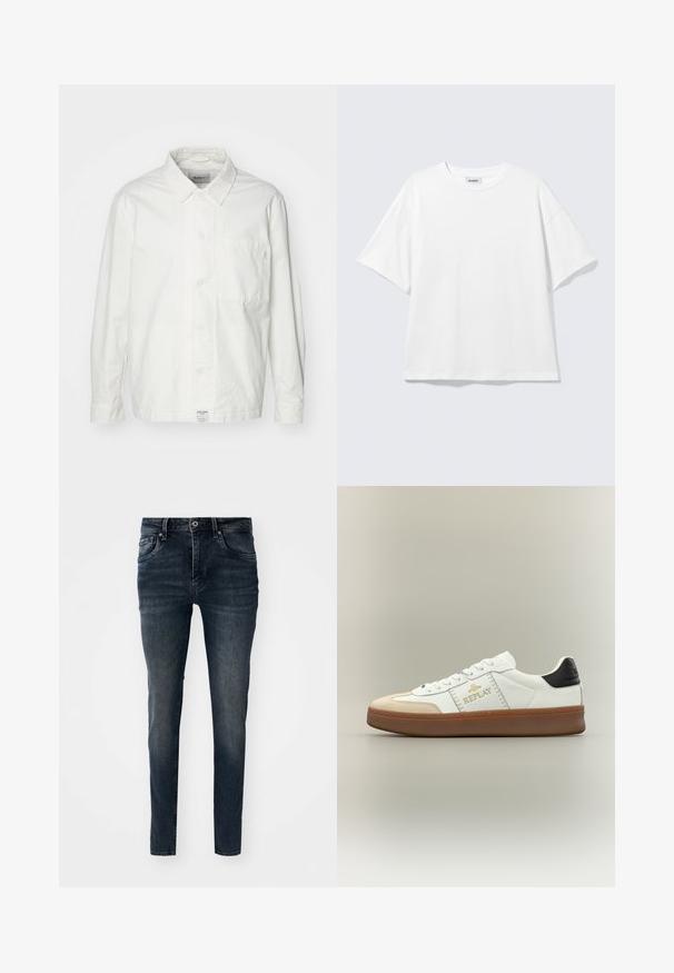 Weiße Button-Down-Hemd aus Baumwolle, mit klassischem Kragen, langen Ärmeln und einer Brusttasche. Glatte Textur, schlichtes Design.; Weißes oversized T-Shirt mit kurzen Ärmeln und Rundhalsausschnitt mit eingesetzten Schultern, flach auf hellgrauem Hintergrund.; Dunkelblaue Jeans aus Denim mit schlanker Passform, fünf Taschen, geraden Beinen und Kontrastnähten, mit einem Knopf- und Reißverschluss.; Weißer Sneaker mit beigem Wildleder-Zehenbereich, goldenem Logodetail, schwarzem Fersenakzent und brauner Gummisohle. Klassisches Low-Top-Design.