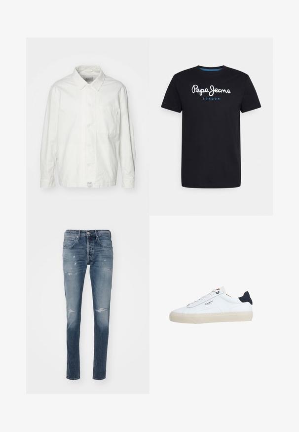 Chemise blanche à boutons en coton, dotée d'un col classique, de manches longues et d'une poche poitrine unique. Texture lisse, design simple.; T-shirt en coton noir avec un logo en script blanc "Pepe Jeans" accentué de bleu, col rond et manches courtes. Design simple et uni.; Replay WILLBI PANTS - Jean droit - medium blue; Baskets basses blanches avec semelle beige, lacets blancs, languette de talon noire et logo "Pepe Jeans London" sur le côté.