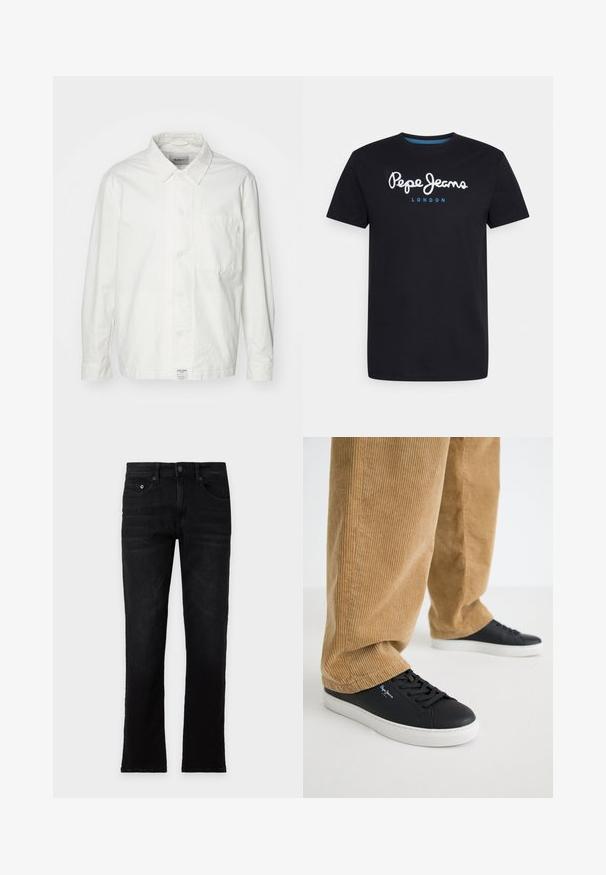 Witte overhem shirt van katoen, met een klassieke kraag, lange mouwen en een enkele borstzak. Glad oppervlak, eenvoudig ontwerp.; Zwart katoenen T-shirt met een witte scriptlogo "Pepe Jeans" en een blauwe accent, ronde hals en korte mouwen. Eenvoudig, solide ontwerp.; Zwarte straight-leg jeans met voor- en achterzakken, knoop- en ritssluiting, plat neergelegd op een lichte achtergrond. Geen zichtbare slijtage of merklogo.; Zwarte leren sneakers met witte rubberen zolen. Draagt een paar tan corduroy broeken met verticale ribbels en een ontspannen pasvorm.