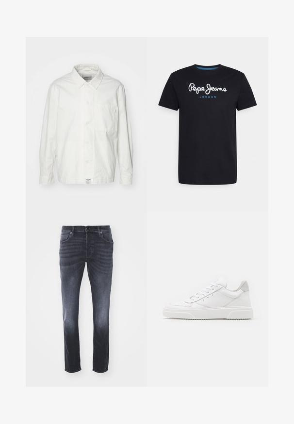 Hvid skjorte med knapper lavet af bomuld, med en klassisk krave, lange ærmer og en enkelt brystlomme. Glat tekstur, enkelt design.; Sort bomulds T-shirt med et hvidt skriftskriftlogo "Pepe Jeans" med en blå accent, rund hals og korte ærmer. Enkel, ensfarvet design.; Mørkegrå denim jeans med et klassisk lige ben-design, der har forlommer, lynlåsgylp med knaplukning og subtile falmninger.; Hvide lædersneakers med en glat finish, rund tå, flade snørebånd og en struktureret sål. Grå ruskindsdetalje ved hælen.