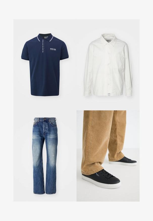 Valge nööpidega särk, mis on valmistatud puuvillast, klassikalise krae, pikkade varrukate ja ühe rinnataskuga. Sile tekstuur, lihtne disain.; Tumed sinine polo särg, millel on valge krae ja varrukate detailid. Esiküljel on valge "RedBull Racing" logo. Valmistatud mugavast puuvillaste kangast.; Sinine denimist teksapüksid otse sääre disainiga, millel on kerge pleekimine ja veidi kulumisjälgi ees. Tavaline viie-tasku stiil.; Mustade nahast tossud, millel on valged kummised põhjapidemed. Kanda koos beeži soonikuga pükstega, millel on vertikaalsed sooned ja lõtv lõige.