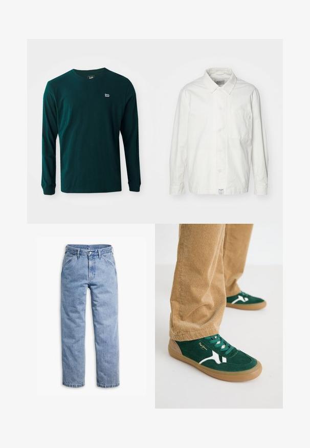 Hvid skjorte med knapper lavet af bomuld, med en klassisk krave, lange ærmer og en enkelt brystlomme. Glat tekstur, enkelt design.; Langærmet T-shirt i mørkegrøn bomuld med rund hals og et lille hvidt logo på venstre bryst. Glat tekstur, afslappet pasform.; Lyseblå straight-leg denimjeans med forreste knap- og lynlås, bæltestropper og skrå forlommer.; Grønne svineder sko med hvide accenter og grønne snørebånd. Gummisål, rund tå og tan detaljer på hælen. Båret med fløjl bukser.