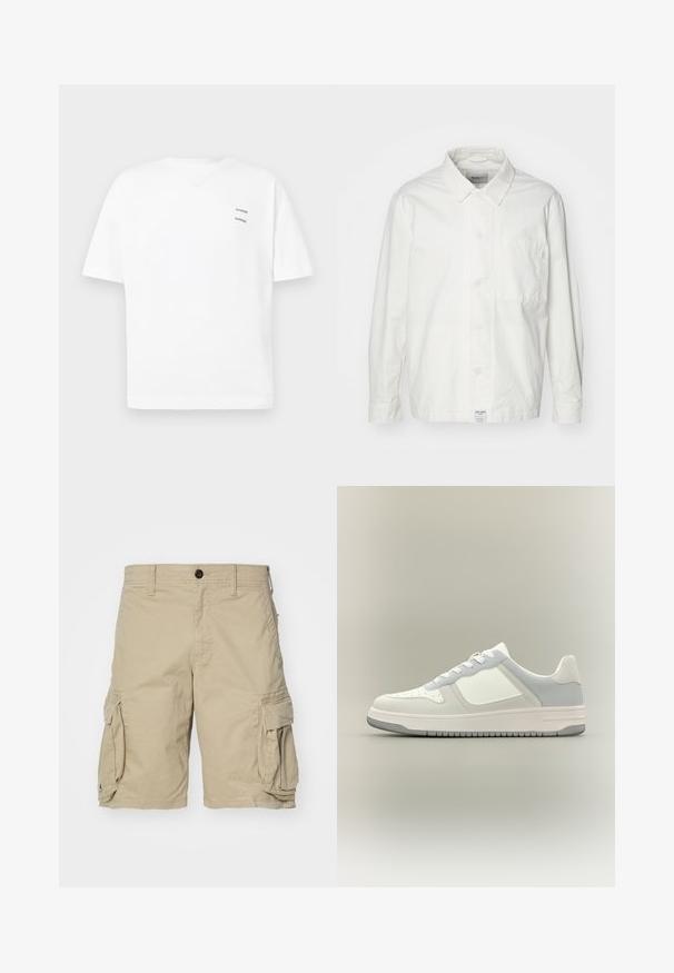 Chemise blanche à boutons en coton, dotée d'un col classique, de manches longues et d'une poche poitrine unique. Texture lisse, design simple.; T-shirt blanc en coton avec une coupe décontractée, des manches courtes et un col en V. Présente deux petits logos noirs imprimés sur le côté gauche.; Shorts cargo beiges en tissu de coton, avec des poches latérales, une fermeture à bouton et une coupe droite. Textures lisses.; Baskets basses blanches et gris clair avec embout perforé, fermeture à lacets, et semelle en caoutchouc texturée sur fond neutre.