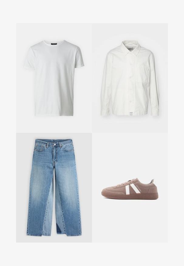 Weiße Button-Down-Hemd aus Baumwolle, mit klassischem Kragen, langen Ärmeln und einer Brusttasche. Glatte Textur, schlichtes Design.; Weißes T-Shirt mit kurzen Ärmeln und Rundhalsausschnitt aus Baumwolle mit glatter Textur. Verfügt über ein Etikett am Kragen. Einfaches, schlichtes Design.; Jeans mit geradem Bein aus blauem Denim, klassischem Fünf-Taschen-Design und vorderem Knopfverschluss, flach auf neutralem Hintergrund dargestellt.; Lässiger brauner Wildleder-Sneaker mit weißen Streifen, Schnürverschluss, strukturierter Sohle und "JACK & JONES"-Markenlogo an der Seite.
