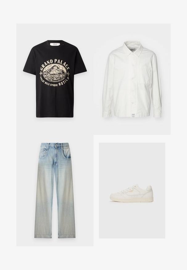 Hvid skjorte med knapper lavet af bomuld, med en klassisk krave, lange ærmer og en enkelt brystlomme. Glat tekstur, enkelt design.; Sort bomulds T-shirt med en beige grafisk print af et bjerg og teksten "Grand Palace Replay Belle Epoque Hotel." Simpelt crew-neck design.; Lyseblå vidde denimjeans med lommer foran, knaplukning og falmede områder ved lårene og underbenene.; Hvide lædersneakers med en glat overflade, der har perforerede detaljer, snørebånd fortil og et diskret logo i guld nær siden.