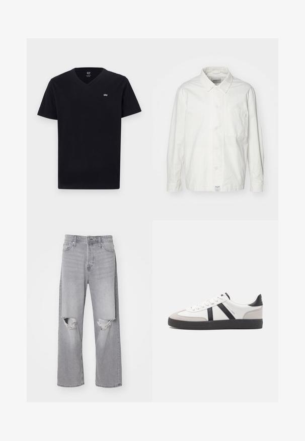 Chemise blanche à boutons en coton, dotée d'un col classique, de manches longues et d'une poche poitrine unique. Texture lisse, design simple.; T-shirt en coton noir avec un col en V, des manches courtes et un petit logo brodé blanc sur la poitrine gauche. Texture lisse, coupe classique.; Jean en denim gris clair avec une taille haute, une coupe évasée et des déchirures aux genoux ; design classique à cinq poches et fermeture à bouton en métal.; Baskets blanches avec des accents noirs et gris, présentant un embout texturé gris, une semelle en caoutchouc noir et des lacets plats blancs. Design épuré, style minimaliste.