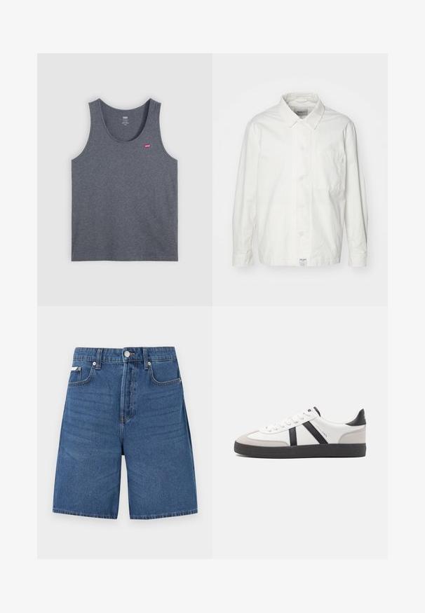 Chemise blanche à boutons en coton, dotée d'un col classique, de manches longues et d'une poche poitrine unique. Texture lisse, design simple.; Débardeur gris en coton avec un col rond, un design sans manches et un petit logo rouge Levi's sur la poitrine gauche. Texture unie.; Short en denim bleu clair avec fermeture éclair devant, bouton, passants de ceinture et cinq poches, présenté sur fond blanc uni.; Baskets blanches avec des accents noirs et gris, présentant un embout texturé gris, une semelle en caoutchouc noir et des lacets plats blancs. Design épuré, style minimaliste.