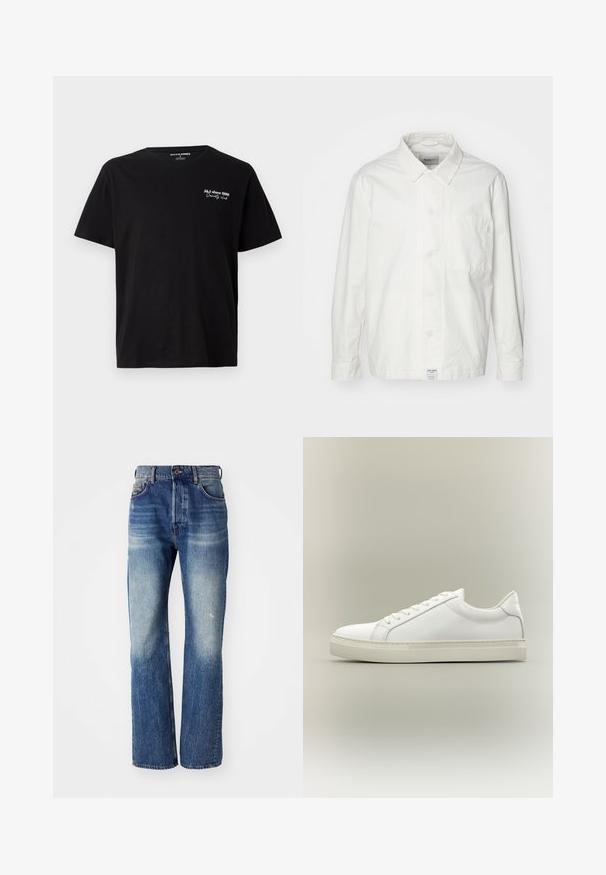 Witte overhem shirt van katoen, met een klassieke kraag, lange mouwen en een enkele borstzak. Glad oppervlak, eenvoudig ontwerp.; Zwarte katoenen T-shirt met korte mouwen en witte tekst "J&J since 1990 Society Club" op de bovenste linkerborst en een ronde hals.; Blauwe denim jeans met een rechte pijpdesign, met lichte vervaging en een lichte wassing aan de voorkant. Standaard vijf-pocket stijl.; Witte lage sneaker met veters aan de voorkant en dikke zool, zijaanzicht tegen een neutrale achtergrond.