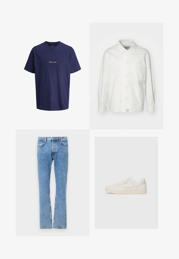 Hvid skjorte med knapper lavet af bomuld, med en klassisk krave, lange ærmer og en enkelt brystlomme. Glat tekstur, enkelt design.; Marineblå bomuld T-shirt med korte ærmer, rund halsudskæring og orange broderet tekst "Originals Studio" på frontens midte.; Lyseblå denim jeans med lige ben, fem lommer og kontrasterende syninger. Standard talje med knaplukning.; Hvide lædersneakers med en glat overflade, der har perforerede detaljer, snørebånd fortil og et diskret logo i guld nær siden.