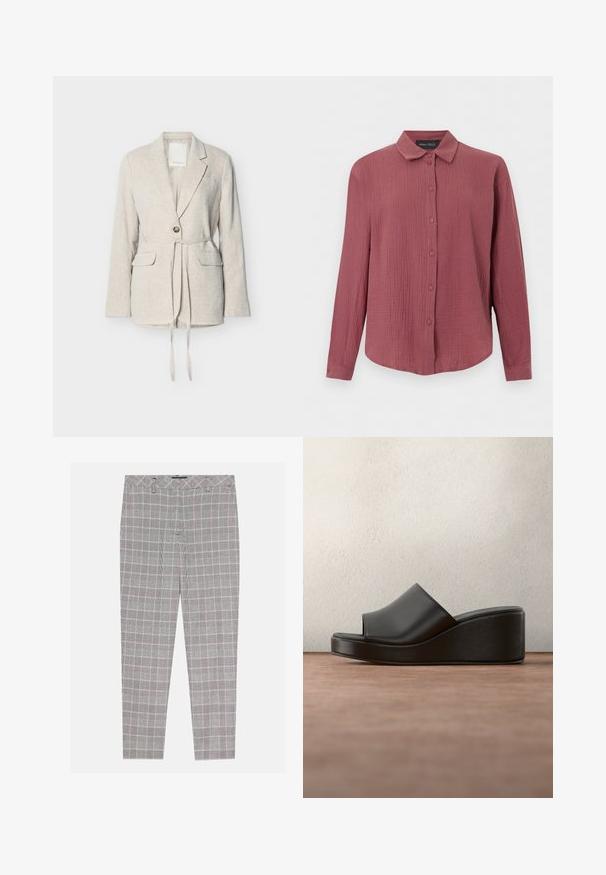 Blazer en lin beige avec un bouton unique, des revers crantés, deux poches avant à rabat et une longue ceinture nouée à la taille.; Chemise à manches longues boutonnée en tissu rose poussière texturé, col classique et poignets ajustés, marque Anna Field.; Pantalons à carreaux gris avec un motif écossais, présentant une coupe droite, des passants de ceinture et des poches latérales. Le tissu semble lisse et léger.; Sandale à plateforme noire en cuir, à bout ouvert, avec le logo Anna Field sur la semelle intérieure, présentée sur un fond sombre flou.