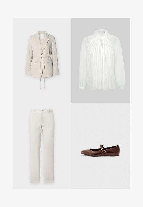 Beige hørblazer med enkelt knap, hakkede revers, to frontlommer med klap og et langt bælte omkring taljen.; Hvid bluse med lange ærmer, høj halsudskæring, lodrette gennemsigtige striber foran, nøglehul-detalje og manchetter med knapper mod en ensfarvet baggrund.; Beige lige bukser med bæltestropper, frontknaplukning og lynlås mod en ensfarvet hvid baggrund.; Brun patentlæder balletflade med firkantet tå og strop med en lille guldbuckle. Glat tekstur, lav hæl og minimalistisk design.