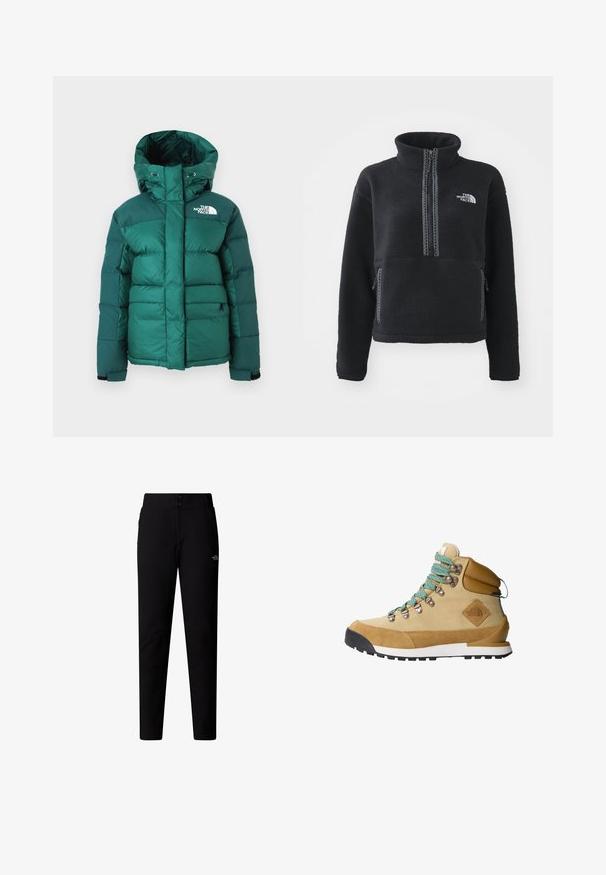 Zelená zimní bunda s kapucí, polstrovaná, s suchými zipy na zápěstí, předními kapsami a logem The North Face na hrudi.; Černý fleecový pulovr s vysokým límcem, čtvrtým zipem, přední kapsou a kontrastním prošitím. Na hrudi je emblém The North Face.; The North Face W QUEST SOFTSHELL PANTS - Kalhoty - tnf black; Hnědé turistické boty s svrchní částí ze semišové a plátěné tkaniny, tyrkysovými tkaničkami, polstrovaným límcem a černou gumovou podrážkou se vzorem pro lepší grip.
