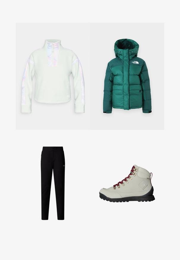 Green padded winter jacket with hood, velcro wrist straps, front pockets, and The North Face logo on the chest.; Fleece pullover in light mint with a half-zip collar. Features iridescent accent stripes on sleeves and a textured material.; The North Face W QUEST SOFTSHELL PANTS - Trousers - tnf black; Beige hiking boot with red laces, metal eyelets, and a textured surface. Features a sturdy black sole and distinct logo detail on the side.
