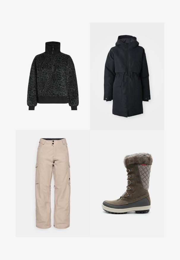 Zwarte lange winterparka met capuchon, voorbevestiging met rits, klepzakken en verstelbare drukknoopmanchetten, ontworpen voor bescherming tegen koude weersomstandigheden.; Zwarte textuur fleece pullover met een hoge kraag en een halve rits, voorzien van ribbelboorden en een zoom voor een snug fit.; Beige cargobroeken met een ontspannen fit, gemaakt van waterafstotende stof. Beschikt over twee zijzakken, een rits aan de zoom en een knoopsluiting.; Bruine waterdichte laars met een gequilt bovenwerk in grijs, nep-bonten rand, metalen veterogen en een robuuste zwarte rubberen zool voor goede grip.