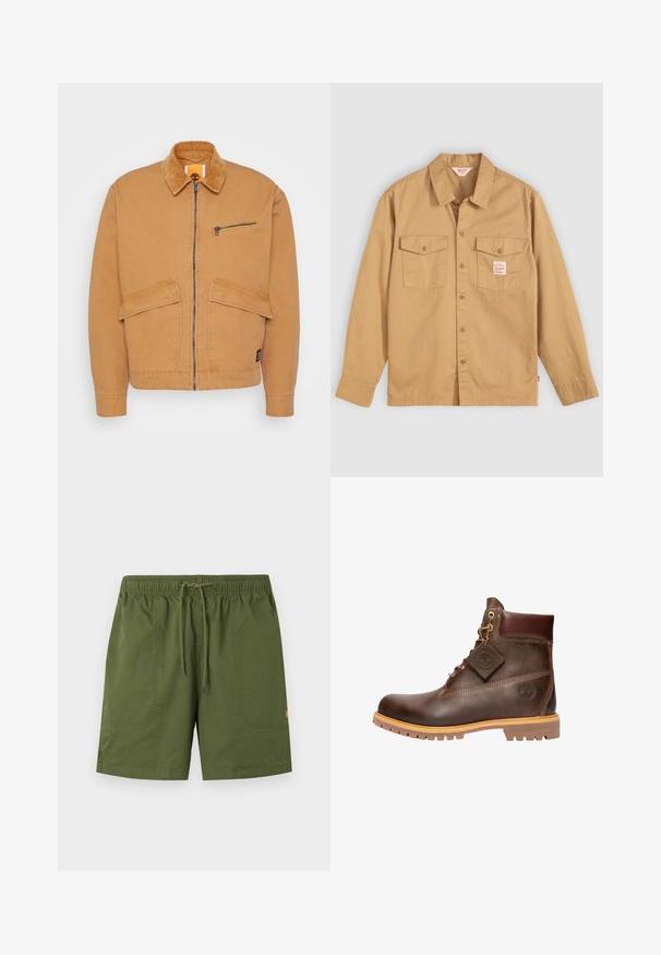 Veste beige avec un col en velours côtelé, fermeture éclair à l'avant et deux grandes poches. Comprend une petite poche poitrine zippée et un patch logo.; Chemise beige à manches longues, avec deux poches sur la poitrine et une petite étiquette. Fabriquée en coton avec une texture lisse et un design de col classique.; Shorts vert olive avec ceinture élastique et cordon de serrage à l'avant, comprenant deux grandes poches avant et un petit logo sur la cuisse droite.; Bottine marron en cuir avec col rembourré, laçage frontal, semelle robuste, et logo Timberland visible sur le côté et sur l'étiquette attachée.