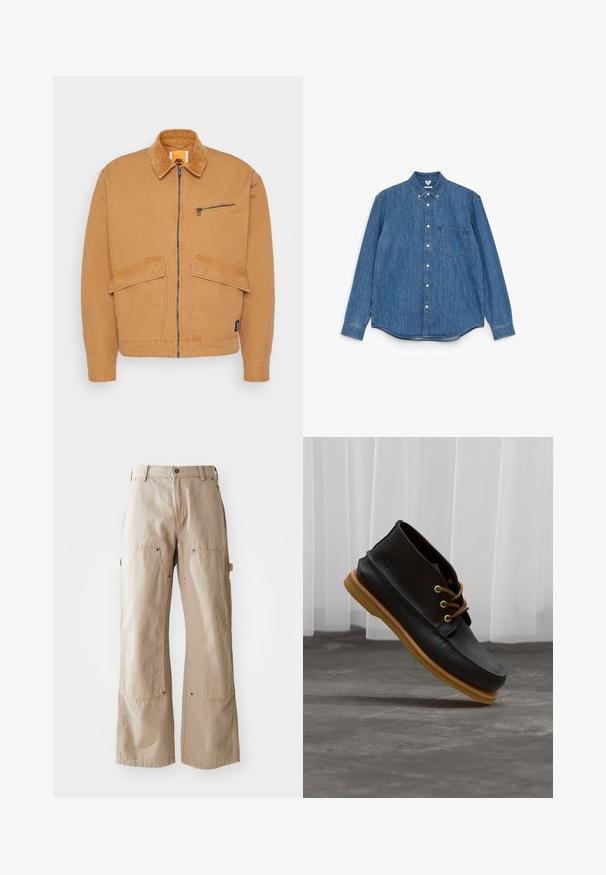 Veste beige avec un col en velours côtelé, fermeture éclair à l'avant et deux grandes poches. Comprend une petite poche poitrine zippée et un patch logo.; Chemise en denim bleu à manches longues avec un col pointu, des boutons blancs, une poche poitrine unique et un ourlet droit. Texture uniforme et poids moyen.; Pantalons larges beige en coton robuste. Comprend des poches avant et latérales, des coutures visibles et des accents en métal sur les poches.; Chaussures en cuir noir avec une finition lisse, bout rond, lacets marron et semelles en caoutchouc marron clair. Logo embossé sur le côté.