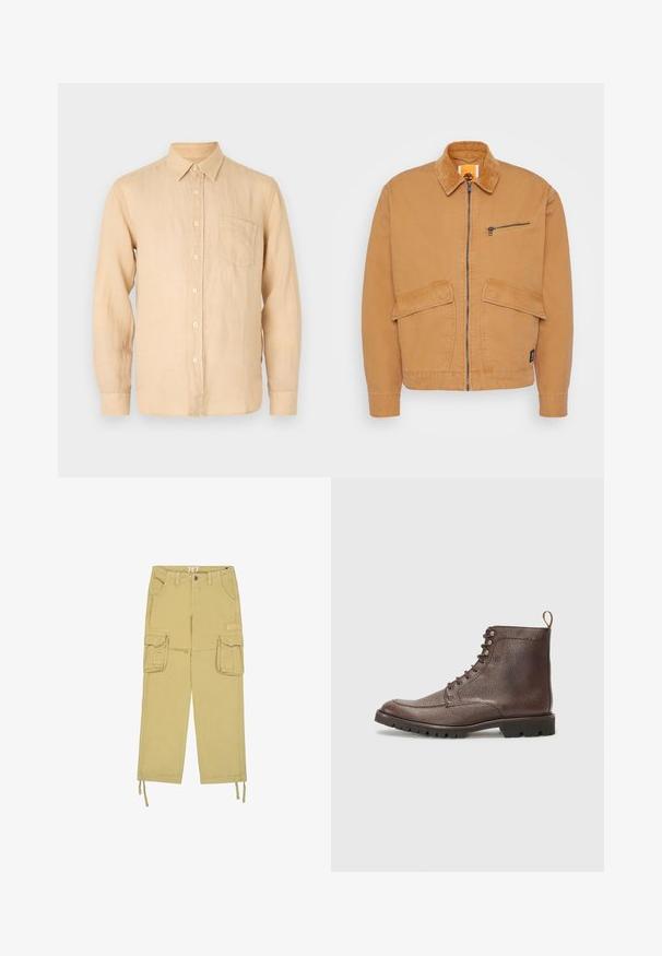 Brun jakke med fløjlskrag, frontlynlås og to store lommer. Har en lille lynlås brystlomme og logo-patch.; Beige langærmet skjorte i linned med knapkrave, frontlomme og en glat, let struktureret overflade. Klassisk pasform og enkelt design.; Beige cargobukser med to forlommelommer med klap, bæltestropper, knaplukning og snore i benenderne.; Hackett London SLOANE APRON - Snørestøvletter - dark mocca brown