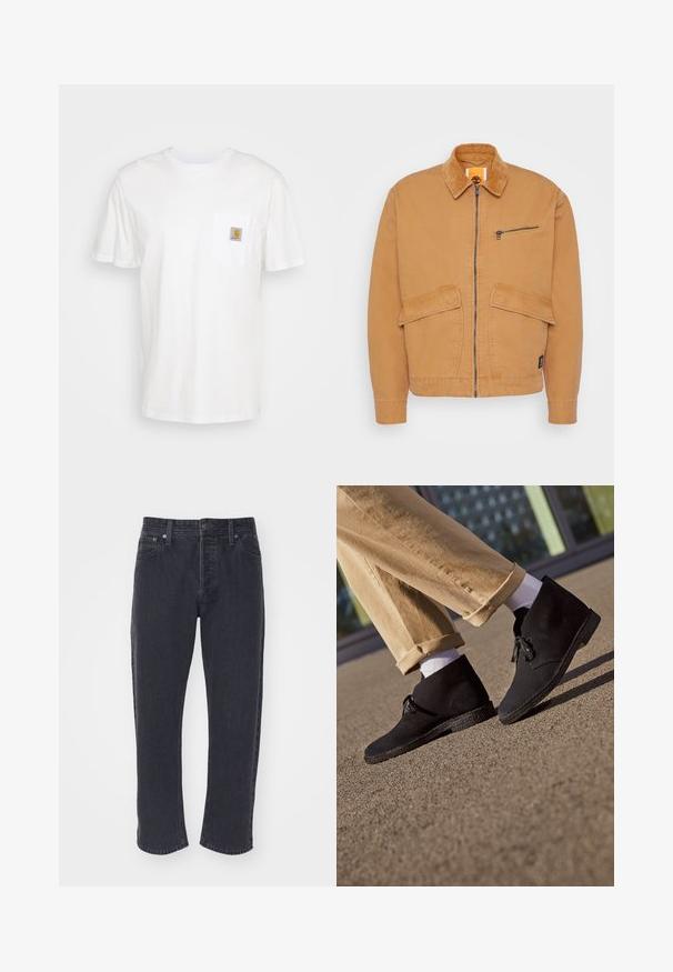 Beige Jacke mit einem Cordkragen, Frontreißverschluss und zwei großen Taschen. Verfügt über eine kleine Taschen mit Reißverschluss auf der Brust und ein Logo-Patch.; Weißes Baumwoll-T-Shirt mit kurzen Ärmeln, einer Brusttasche und einem kleinen quadratischen Logopatch in Orange und Weiß auf der Tasche.; Dunkelgraue Jeans aus Denim mit geradem Schnitt, fünf Taschen und Metallelementen. Verfügt über Kontrastnähte und eine leicht ausgebleichte Textur.; Schwarze Wildleder-Stiefeletten mit einer strukturierten Sohle, die eine runde Zehenpartie und eine Schnürung aufweisen. Sie sind kombiniert mit hochgekrempelten khakifarbenen Hosen und weißen Socken.