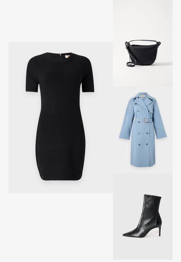 Trench-coat bleu clair à double boutonnage avec larges revers, taille ceinturée avec boucle dorée et manches longues.; Robe noire en tricot avec une texture côtelée, manches courtes et col rond. Elle possède une fermeture éclair dans le dos et a une coupe ajustée.; Bottes noires à la cheville en cuir lisse, dotées d'un bout pointu, d'un tige ajustée et d'un talon haut fin. Design minimaliste sans quincaillerie visible.; Sac bandoulière en cuir noir avec une finition texturée, de forme ronde, muni d'une bandoulière ajustable et d'accents en métal doré. Fermeture éclair en haut.