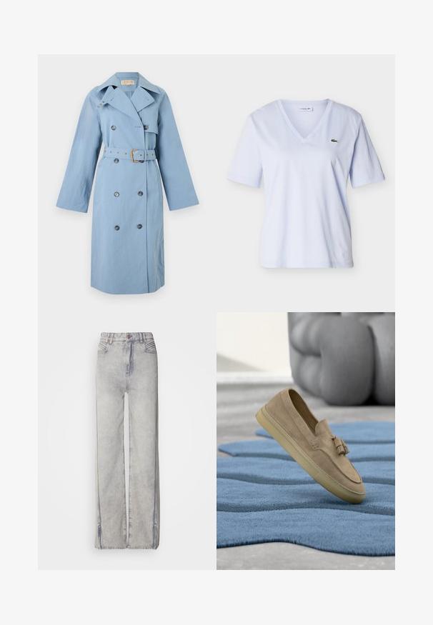 Trench-coat bleu clair à double boutonnage avec larges revers, taille ceinturée avec boucle dorée et manches longues.; Chemise bleu clair à col en V et manches courtes avec un petit logo crocodile vert sur le côté gauche de la poitrine, présentée sur un fond uni.; Jean large en denim bleu clair avec un délavage, doté d'une fermeture éclair, de cinq poches et de coutures contrastantes.; Mocassin beige en daim avec pompons flottant au-dessus d'un tapis bleu texturé, assise grise douce en arrière-plan flou.