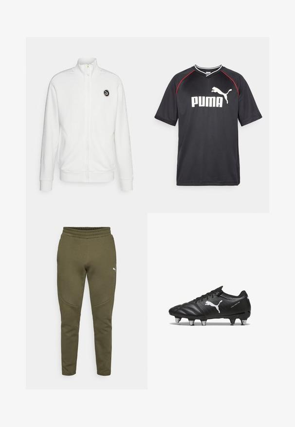 Hvid lynlås sweatshirt lavet af fleece, med høj krave, ribbede manchetter og et rundt logo på brystet. Diskrete mønstrede detaljer på ærmerne.; Sort Puma sportstrøje med korte ærmer, hvidt logo, røde detaljer langs skuldrene og v-udskæring. Fremstillet af letvægtsmateriale.; Olivengrønne sweatpants med en tætsiddende pasform, elastisk talje og et lille hvidt logo på venstre side. Blødt stof med en glat overflade.; Sorte fodboldstøvler med tekstureret materiale, hvidt Puma-logo, snørebåndslukning og metalstifter for godt greb. Designet understreger ydeevne og støtte.