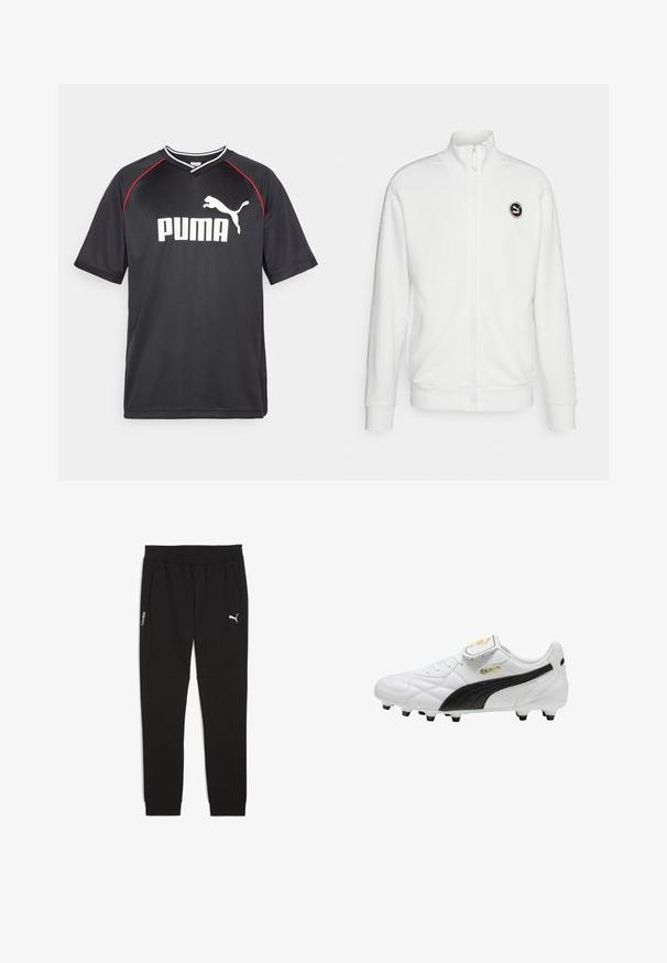 Sudadera blanca con cremallera, hecha de forro polar, que presenta un collar alto, puños acanalados y un logotipo redondo en el pecho. Detalles sutiles con patrones en las mangas.; Camiseta deportiva negra de Puma con mangas cortas, logo blanco, acentos rojos en los hombros y cuello en forma de V. Fabricada con material ligero.; Pantalones de chándal negros de tela suave, con cinturilla elástica, bolsillos laterales y logo blanco de Puma en el muslo izquierdo.; Botín de fútbol blanco con raya negra, tacos moldeados, cordones y una solapa de lengüeta con velcro que muestra logotipos dorados.