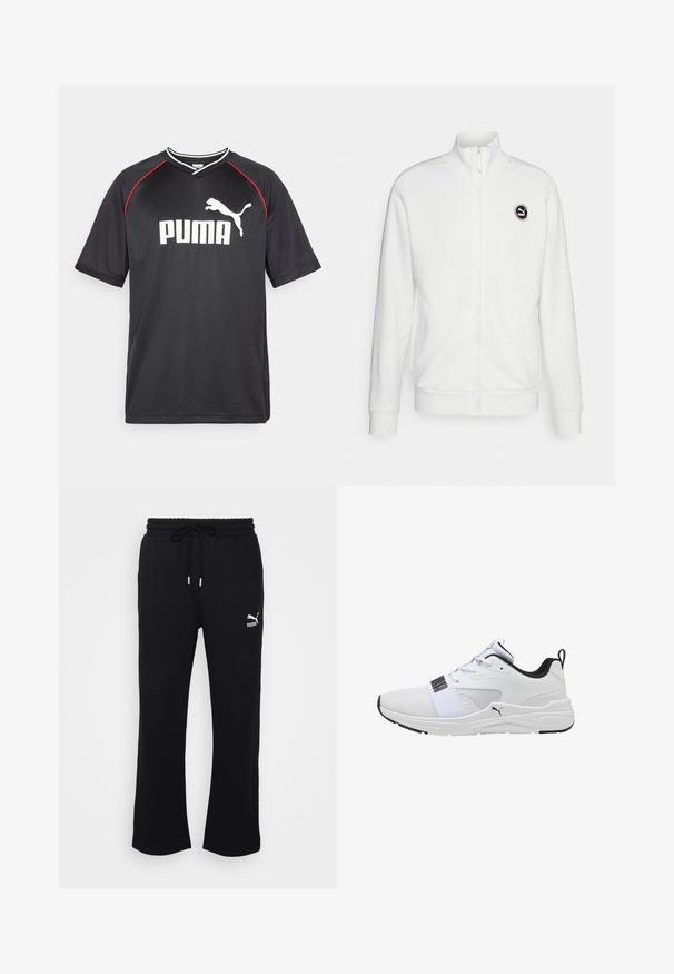 Hvid lynlås sweatshirt lavet af fleece, med høj krave, ribbede manchetter og et rundt logo på brystet. Diskrete mønstrede detaljer på ærmerne.; Sort Puma sportstrøje med korte ærmer, hvidt logo, røde detaljer langs skuldrene og v-udskæring. Fremstillet af letvægtsmateriale.; Sort sweatpants med snor i taljen, der har en ribbet talje og sidelommer. Puma-logoet er vist på venstre lår.; Hvide atletiske sko med en åndbar mesh-overdel, elastisk rem, sorte detaljer, polstret krave og struktureret sål.