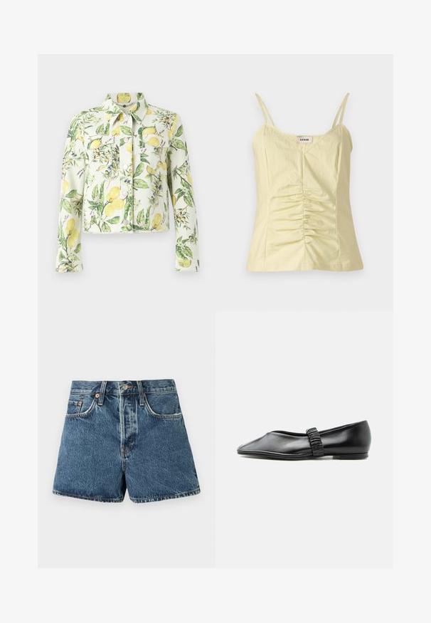 Lysefarvet denimjakke med forreste knapper og et botanisk print med citroner, blade og olivenkviste.; Lys gul ærmeløs top med justerbare stropper og samlede detaljer foran. Lavet af et tekstureret stof med V-udskæring.; Denimshorts i mellemblå med høj talje, fem lommer, kontrasterende syninger og lukning med metalknap. Struktureret stof med en let falming.; Sort læder flad sko med en rynket rem over toppen og en let spids tå, vist mod en ensfarvet baggrund.