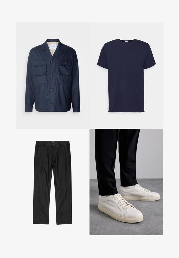 Chaqueta ligera de color azul marino con dos bolsillos frontales, cierre de botones y forro interior a rayas. Presenta un cuello clásico y un corte relajado.; Camiseta de manga corta azul marino hecha de tela suave. Presenta un cuello redondo y un corte recto sin patrones ni acentos.; Pantalones negros de corte recto para hombre con botón frontal, bragueta con cremallera y bolsillos laterales, mostrados planos sobre fondo blanco.; Zapatillas de cuero color beige claro con cordones planos, una superficie texturizada y una suela de goma color crema en contraste, combinadas con pantalones negros ajustados.