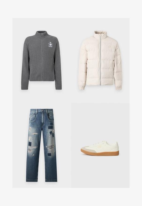 Veste doudoune beige clair avec un col montant, fermeture éclair et poignets élastiques. Présente un motif matelassé et un petit logo sur la poitrine.; Pull gris en maille côtelée avec fermeture éclair, col montant et logo écusson brodé sur le côté gauche de la poitrine.; Jean en denim avec des patches déchirés et des nuances de bleu variées, présentant une coupe droite et un design traditionnel à cinq poches.; Baskets en cuir blanc avec une coque beige et une semelle en caoutchouc marron clair. Dotées de lacets blancs plats et d'un logo embossé sur le côté.
