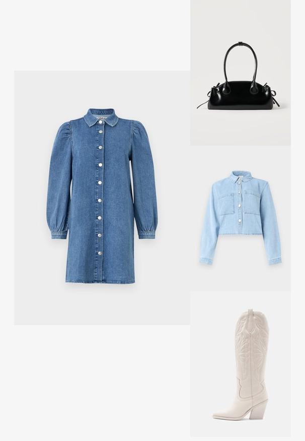 Hele sinine lühendatud teksajope pikkade varrukatega, ees nööpidega sulgemine, krae ja kaks rinna pealt õmmeldud taskut.; Denimkleit pikka puffseelikutega, nupuväärisega, kraega ja sirge lõikega. Sinine kangas, millel on sile tekstuur.; Valge nahast cowboy-s выпiş с заостреным varvastega ja plokknäheeliga. Omab keerukaid tikandimustreid varreosas ja siledat tekstuuri.; Väike must läikiv käekott kahe pika sangaga ja külgedel paelakinnitustega, ühel lihtsal helel taustal.