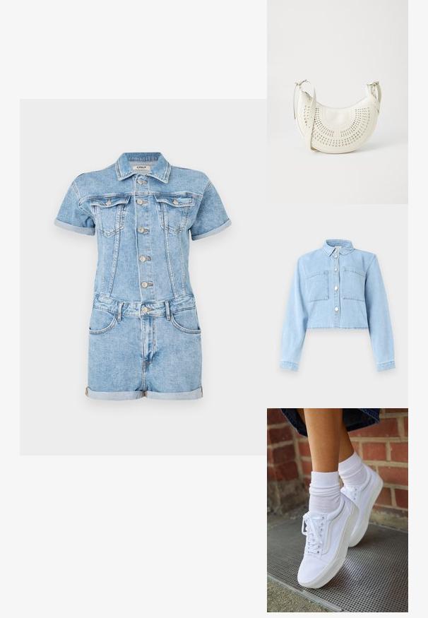 Veste courte en denim bleu clair avec manches longues, fermeture à boutons sur le devant, col et deux poches plaquées sur la poitrine.; Salopette en denim bleu clair, avec des manches courtes, un boutonnage sur le devant, deux poches poitrine et des ourlets roulés. Texture classique du jean.; Baskets en toile blanches avec semelles en caoutchouc, dotées de six œillets, d'un bout rond et de détails de couture légers, portées avec des chaussettes blanches mi-mollet.; Sac à épaule en simili cuir blanc vegan avec un design circulaire perforé, une bandoulière réglable et un logo gravé à l'avant. Fermeture éclair en haut.