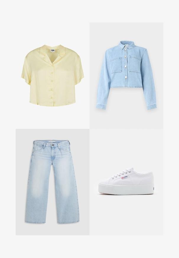 Veste courte en denim bleu clair avec manches longues, fermeture à boutons sur le devant, col et deux poches plaquées sur la poitrine.; Chemisier à manches courtes, avec col, en tissu jaune clair et doux. Comprend une fermeture à boutons sur le devant et une coupe décontractée et courte.; Jean large bleu clair en denim. Présente une coupe droite, un design à cinq poches et une fermeture par bouton à la taille.; Baskets en toile blanches avec une épaisse semelle plateforme blanche, bout rond et œillets en métal pour les lacets. Logo de la marque affiché sur le côté.