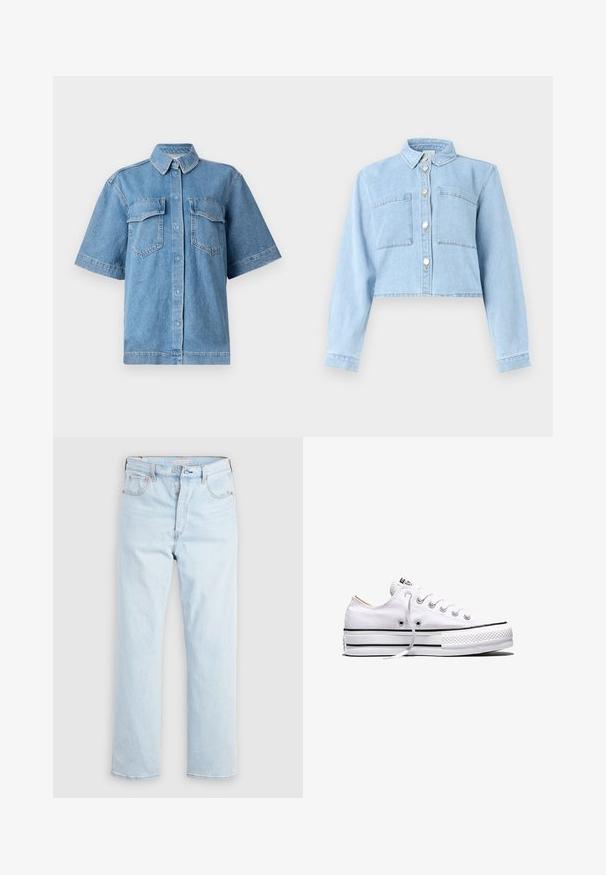 Hellblaue, kurz geschnittene Jeansjacke mit langen Ärmeln, Knopfleiste vorne, Kragen und zwei Brusttaschen.; Blaue Denim-Hemd mit kurzen Ärmeln, einem Kragen, zwei Brusttaschen und Knopfverschluss. Bietet eine entspannte Passform und eine ausgewaschene Textur.; Hellblaue Jeans mit hoher Taille und geradem Bein, mit Knopfleiste sowie Vorder- und Gesäßtaschen, auf schlichtem weißem Hintergrund.; Weißer Canvas-Sneaker in niedriger Ausführung mit weißen Schnürsenkeln, schwarzen Streifen an der Sohle und gummiertem, strukturiertem Zehenschutz, Seitenansicht vor weißem Hintergrund.
