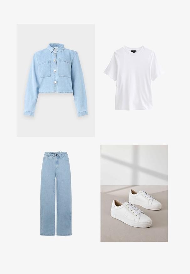 Lichtblauw cropped spijkerjack met lange mouwen, knoopsluiting aan de voorkant, een kraag en twee borstzakken.; Effen wit T-shirt met korte mouwen en ronde hals met een zwart kledinglabel aan de binnenkant van de kraag op een witte achtergrond.; Lichtblauwe wijdvallende jeans gemaakt van denim, met een drawstring taille en een standaard vijfzakken ontwerp. De stof heeft een soepel textuur.; Witte sneakers van gestructureerd leer, met ronde neuzen, platte witte zolen en gouden oogjes voor de veters. Minimalistisch ontwerp met perforatiedetails.