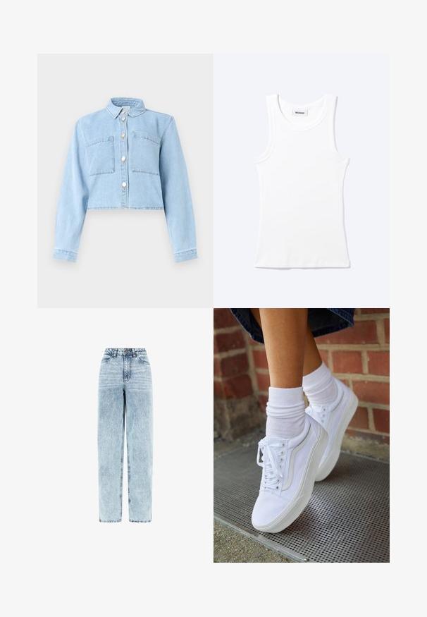 Lyseblå croppet denimjakke med lange ærmer, knaplukning foran, krave og to brystlommer med lapper.; Hvid ærmeløs ribstrikket top med rund halsudskæring og en lille label med teksten "WEEKDAY" indeni kraven.; Høj talje, lyseblå falmet denimjeans med lige ben, knaplukning foran, lynlås og forlommer.; Hvide lærreds sneakers med gummisåler, der har seks snørehuller, rund tå og let sømdetaljer, krydret med hvide ankelstrømper.