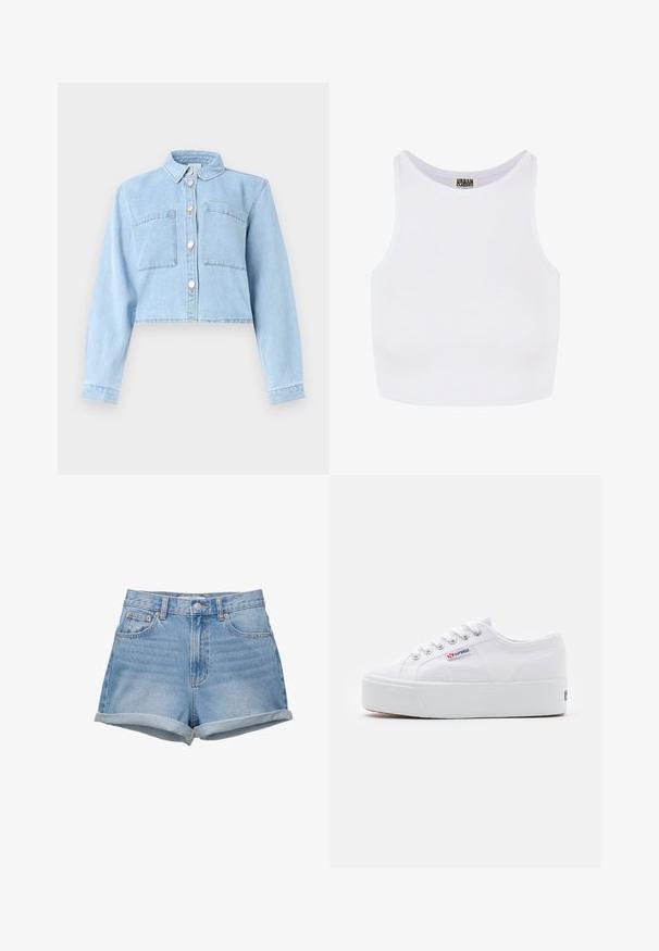Veste courte en denim bleu clair avec manches longues, fermeture à boutons sur le devant, col et deux poches plaquées sur la poitrine.; Débardeur court blanc à côtes avec de larges bretelles et un col rond. Il présente une texture douce et un design minimaliste sans motifs.; Shorts en denim de lavage bleu clair, taille haute avec une fermeture à bouton, cinq poches et ourlets repliés. Texture lisse, design classique.; Baskets en toile blanches avec une épaisse semelle plateforme blanche, bout rond et œillets en métal pour les lacets. Logo de la marque affiché sur le côté.