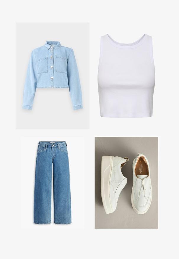 Lyseblå croppet denimjakke med lange ærmer, knaplukning foran, krave og to brystlommer med lapper.; Hvid crop-top lavet af ribbet stof, med en rund halsudskæring og ærmeløs design samt en figursyet silhuet. Ingen mønstre eller detaljer.; Lysblå bredbenede jeans lavet af denim, med høj talje, fem lommer og en klassisk knaplukning. Lige snit fra lår til kant.; Hvide slip-on sko i læder med rund tå, tekstureret overflade, kontrasterende syninger og en hvid gummisål. Har en trækkefane ved hælen.