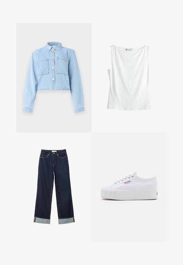 Veste courte en denim bleu clair avec manches longues, fermeture à boutons sur le devant, col et deux poches plaquées sur la poitrine.; Haut en coton blanc sans manches avec un col bateau et une petite étiquette de marque "NEXT" à l'arrière du col.; Jean large bleu foncé à taille haute, avec des ourlets roulés, des coutures contrastées et un design à cinq poches. Fabriqué en tissu en denim.; Baskets en toile blanches avec une épaisse semelle plateforme blanche, bout rond et œillets en métal pour les lacets. Logo de la marque affiché sur le côté.