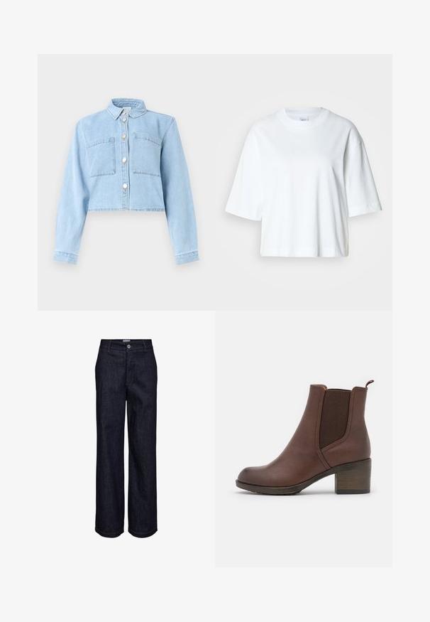 Lichtblauw cropped spijkerjack met lange mouwen, knoopsluiting aan de voorkant, een kraag en twee borstzakken.; Witte cropped t-shirt met korte mouwen, ronde hals, gemaakt van zacht katoen, met een eenvoudig en strak ontwerp.; Donkerblauwe rechte spijkerbroek met knoop- en ritssluiting, riemlussen en zichtbare stiksel details.; Bruine leren enkellaars met een gladde afwerking, elastische zijpanelen, een ronde neus en een gematigde houten hak.
